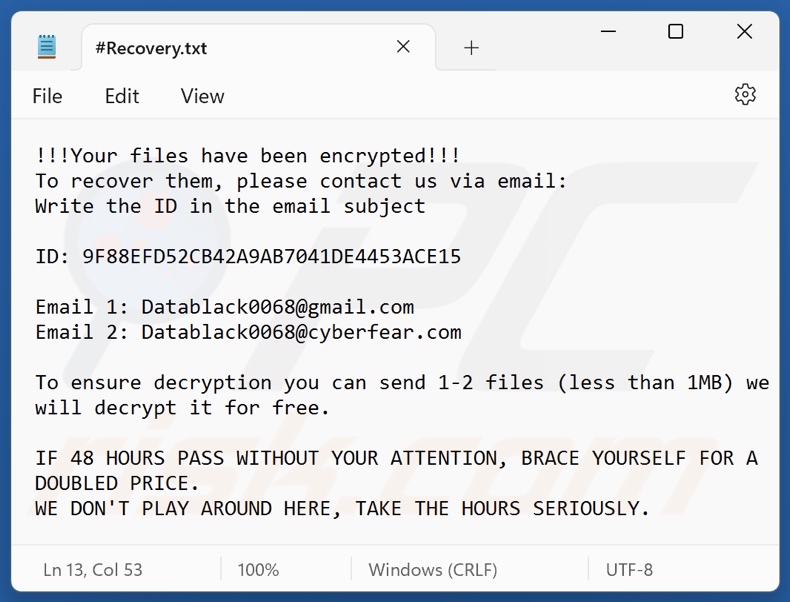 Datablack ransomware ransom note (#Recovery.txt)