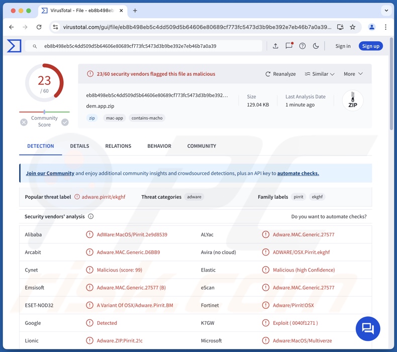 Dem.app adware detections on VirusTotal