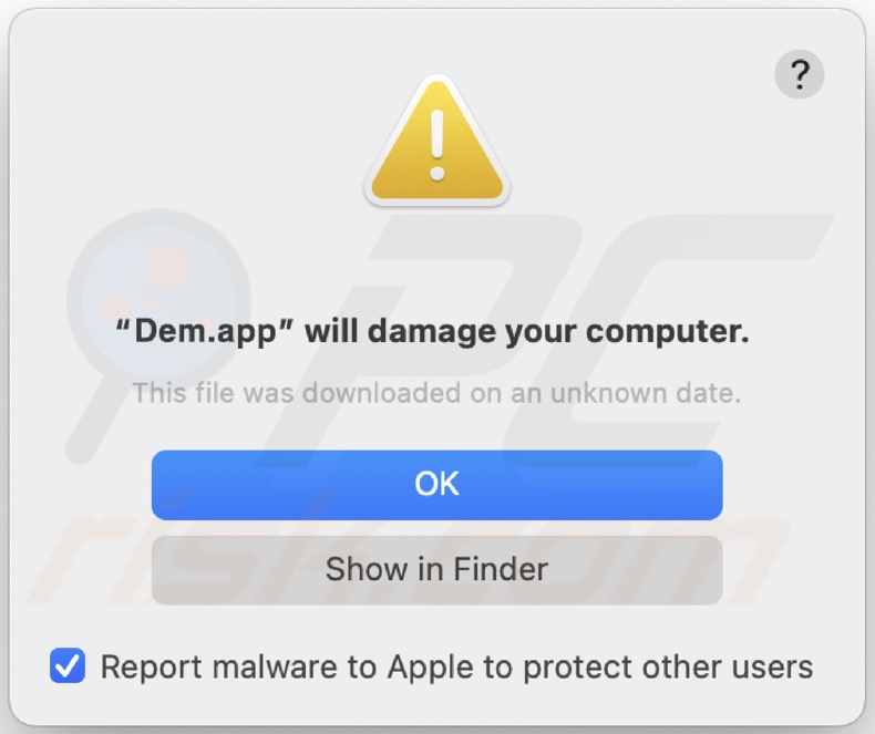 Pop-up displayed when Dem.app adware is detected on the system