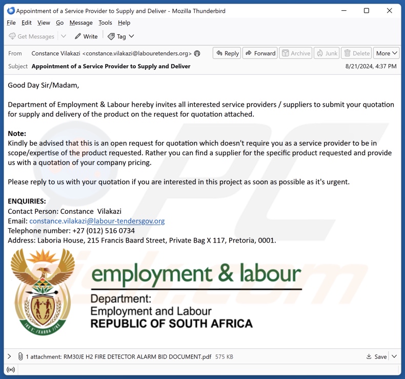 Department Of Employment & Labour email spam campaign