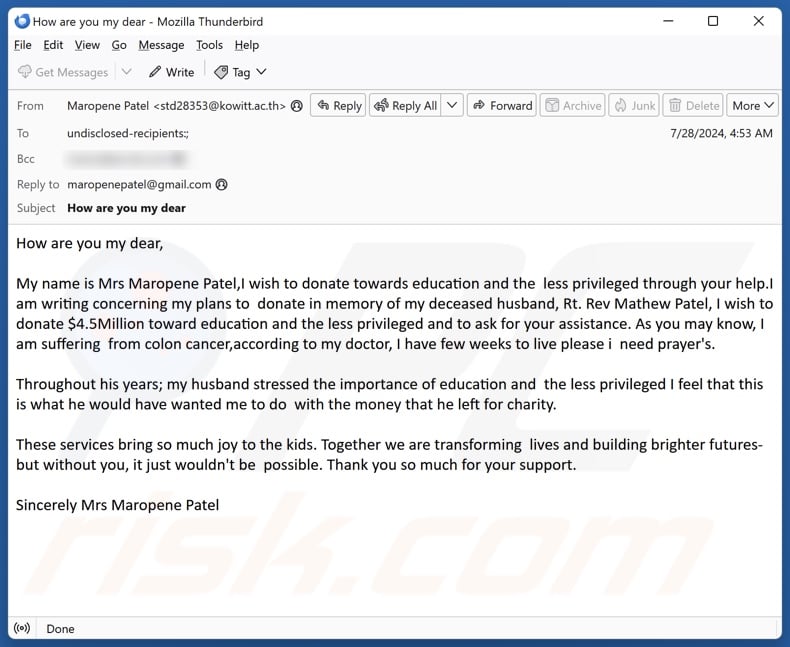 Donation For Education And Less Privileged email spam campaign