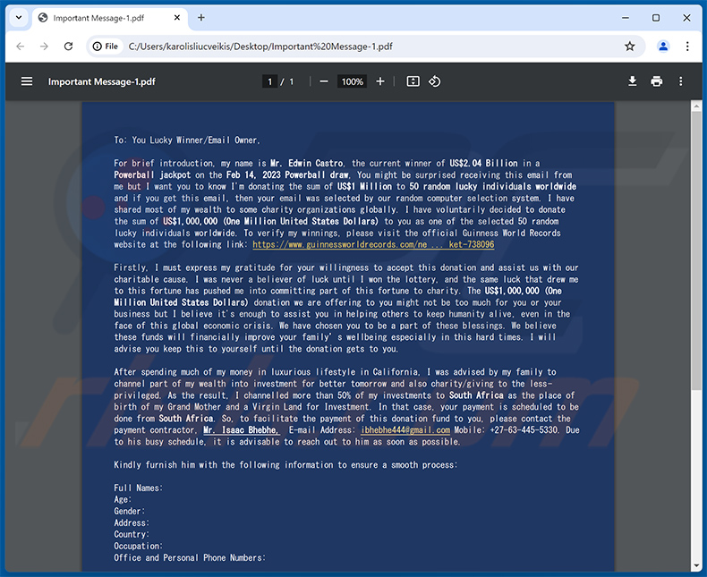 PDF attachment distributed via Donation From Lottery Winner email scam (2024-08-12)