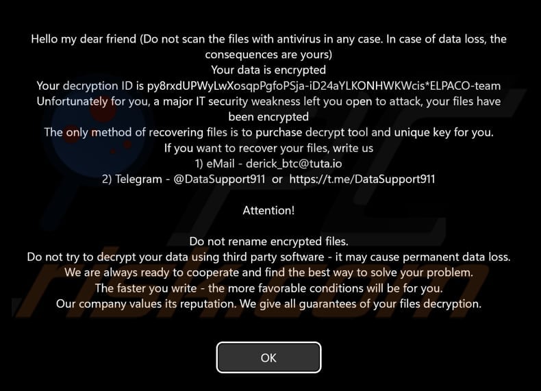 ELPACO-team ransomware pop-up