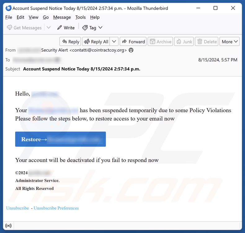 Email Has Been Suspended Due To Policy Violations email spam campaign