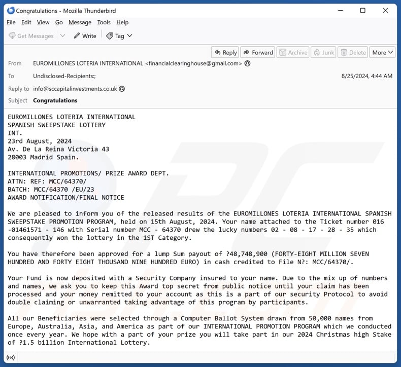 EUROMILLONES LOTERIA INTERNATIONAL email spam campaign