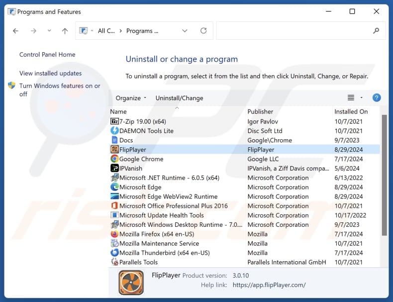 FlipPlayer uninstall via Control Panel