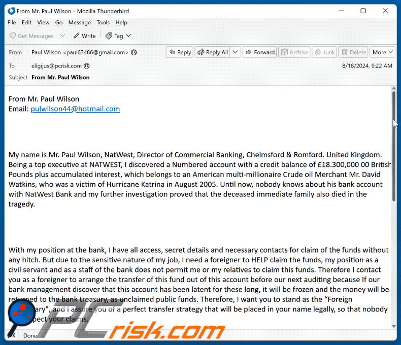 Foreign Beneficiary scam email appearance (GIF)