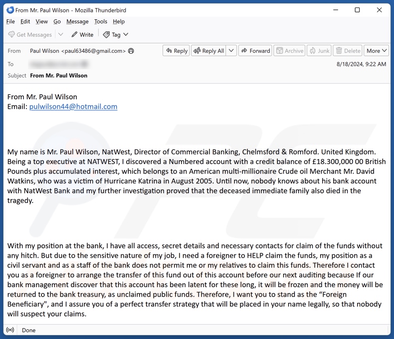 Foreign Beneficiary email spam campaign