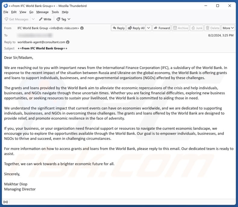 Grants And Loans By The World Bank email spam campaign