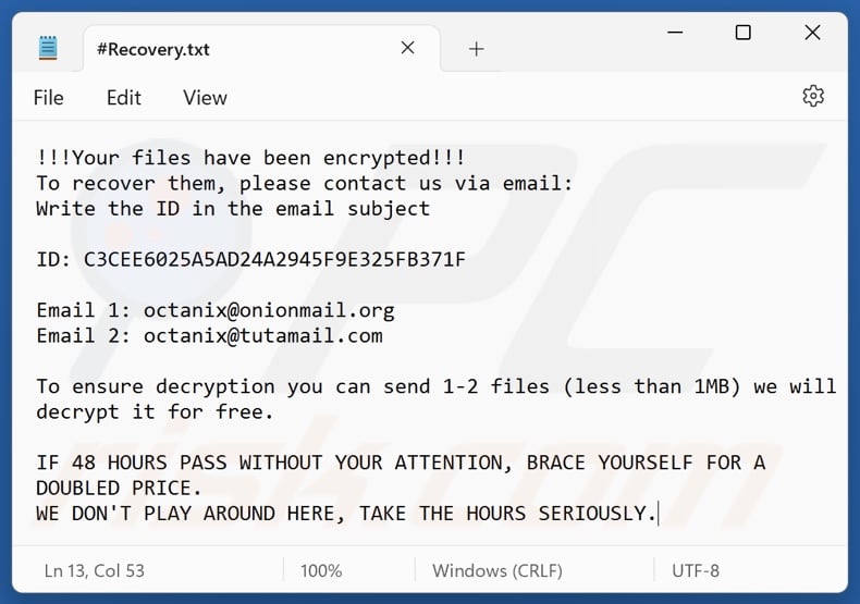 H0rus ransomware ransom note (#Recovery.txt)