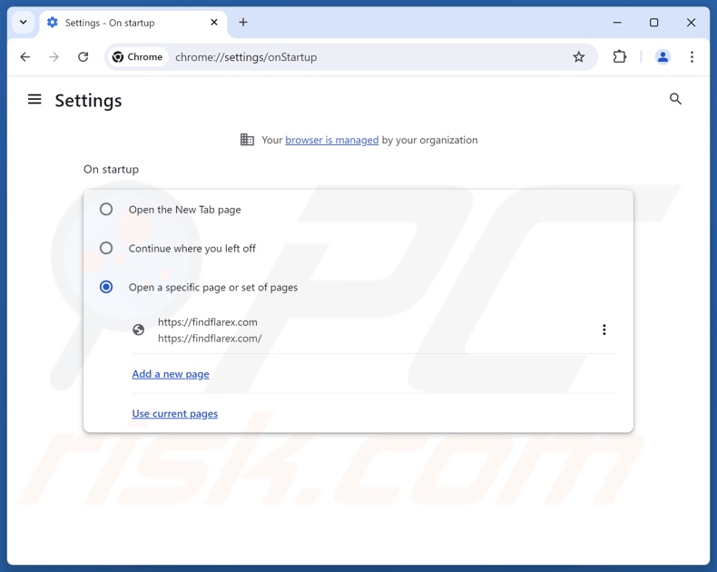 Removing findflarex.com from Google Chrome homepage