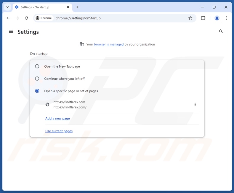 Removing findflarex.com from Google Chrome homepage