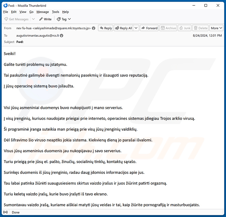 Lithuanian variant of I Compromised Your Operating System Email Scam