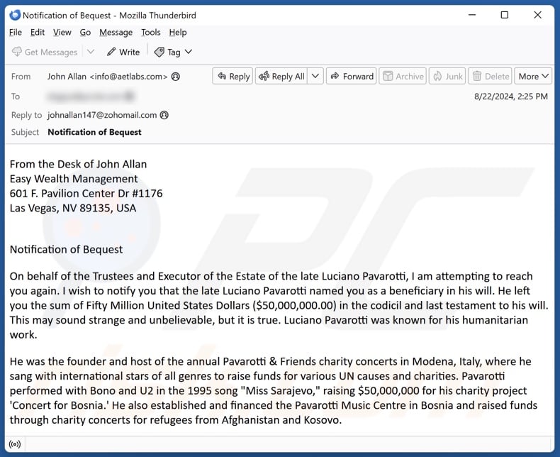 Luciano Pavarotti Testament email spam campaign