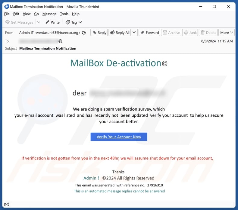 MailBox De-activation email spam campaign