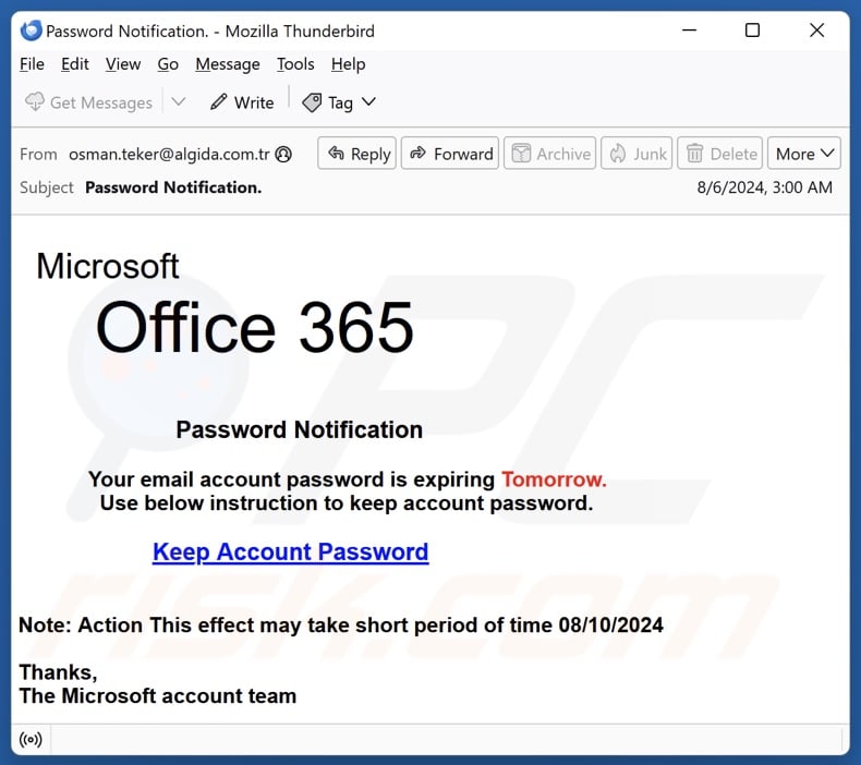 Microsoft Office 365 - Password Notification email spam campaign