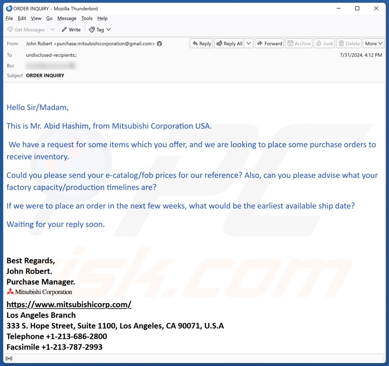 Mitsubishi Corp. email spam campaign