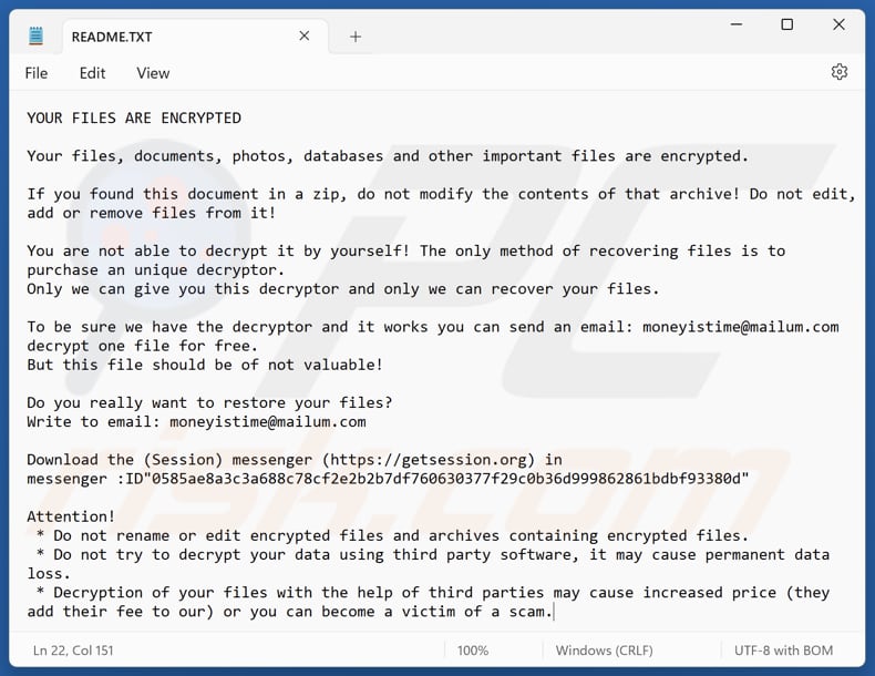 MoneyIsTime ransomware text file (README.TXT)