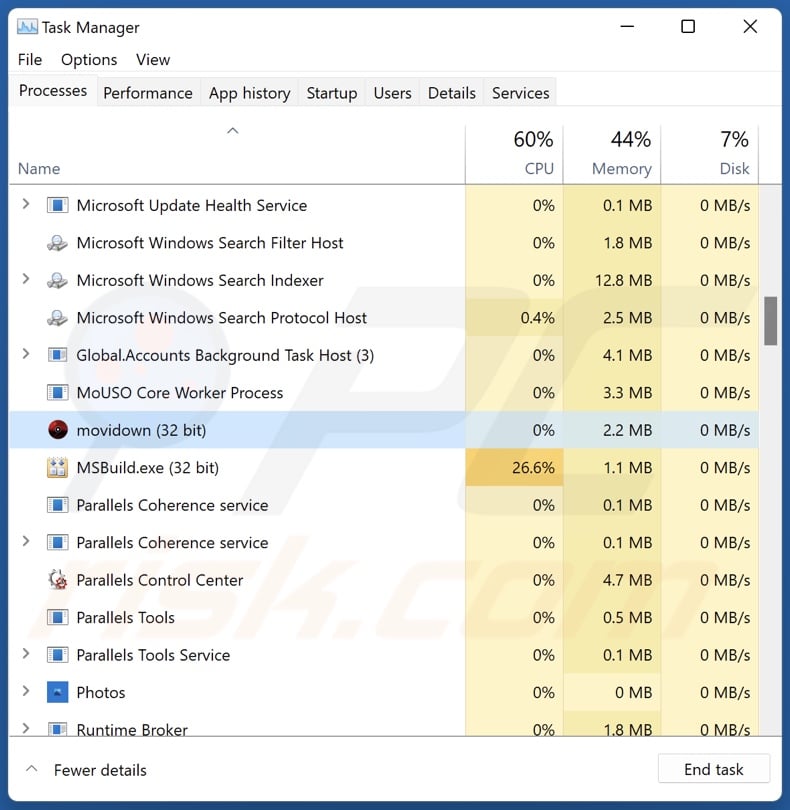 Movidown PUA process on Task Manager (movidown - process name)