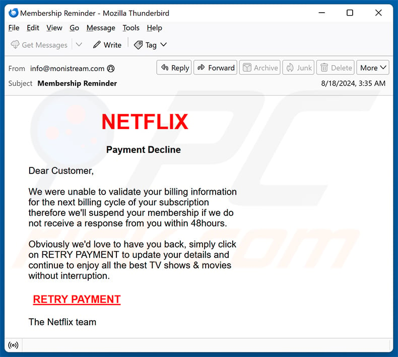 Netflix - Update Your Payment Details email scam (2024-08-20)