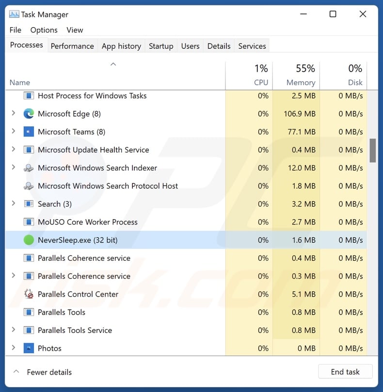 NeverSleep PUA process on Task Manager (NeverSleep.exe - process name)