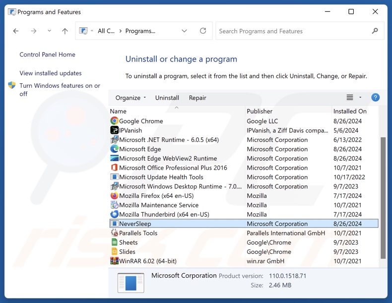 NeverSleep uninstall via Control Panel