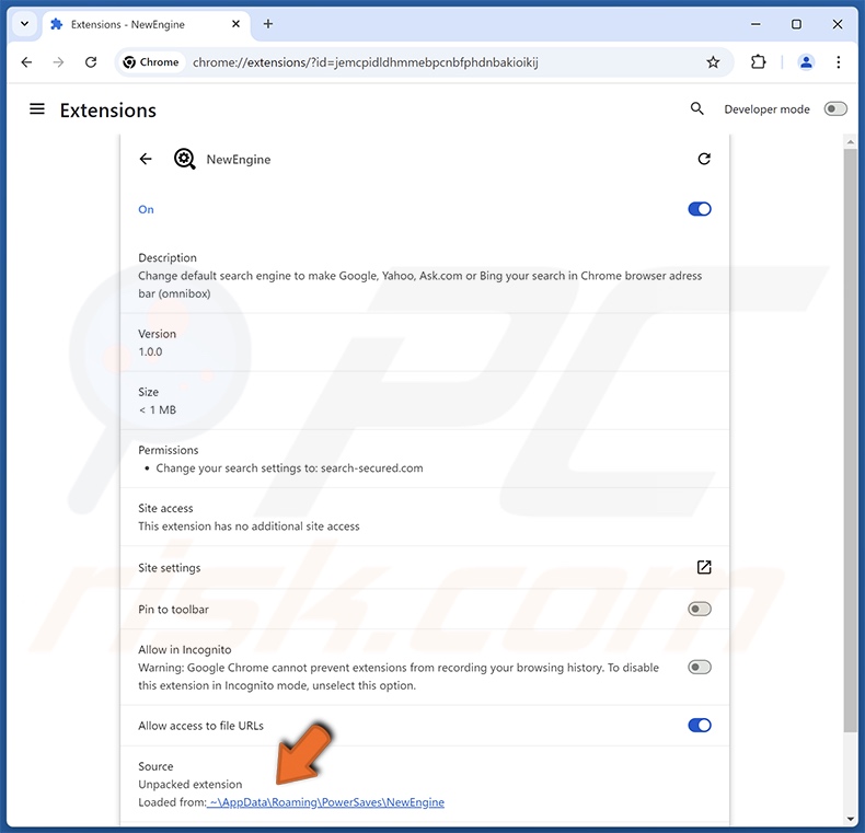 NewEngine browser hijacker details