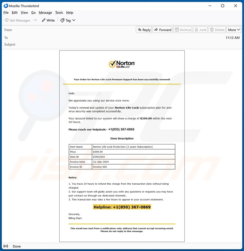 Norton Subscription Renewal Confirmation email scam
