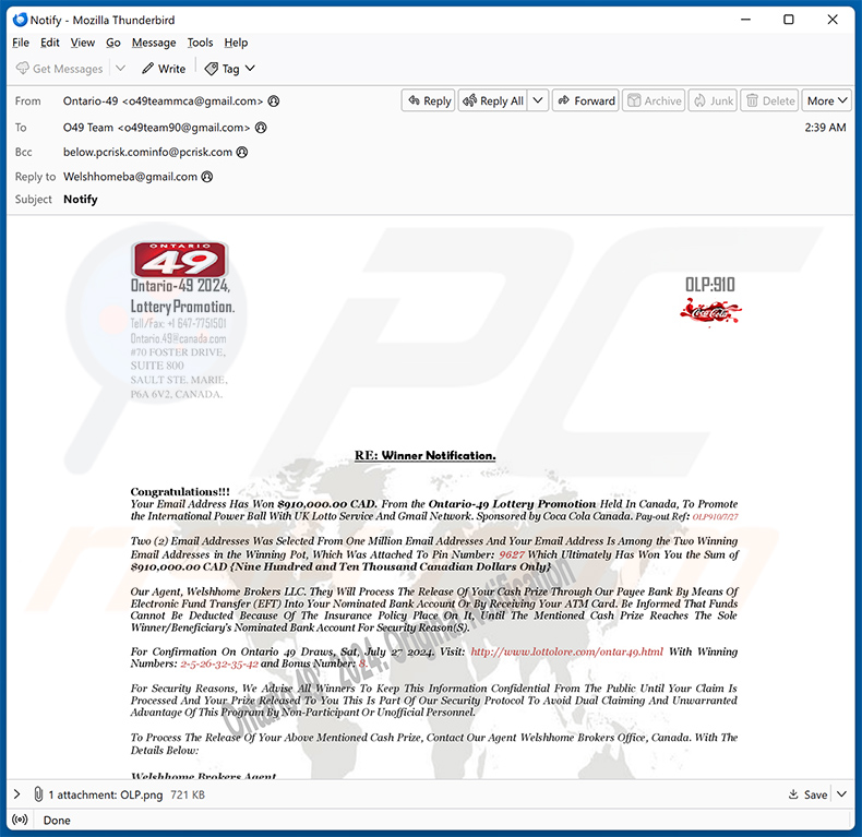 Ontario UK Lottery email scam (2024-08-01)
