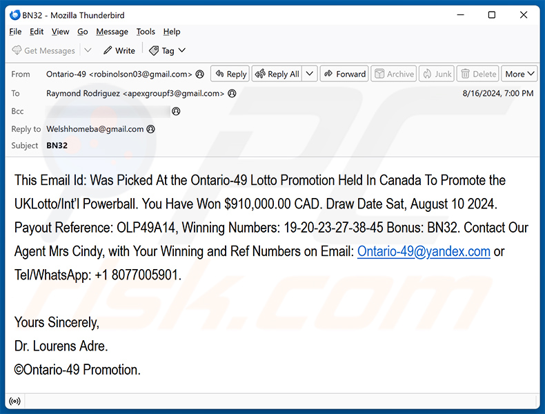 Ontario UK Lottery email scam (2024-08-20)