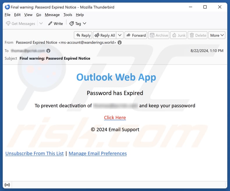 Outlook Password Has Expired email spam campaign