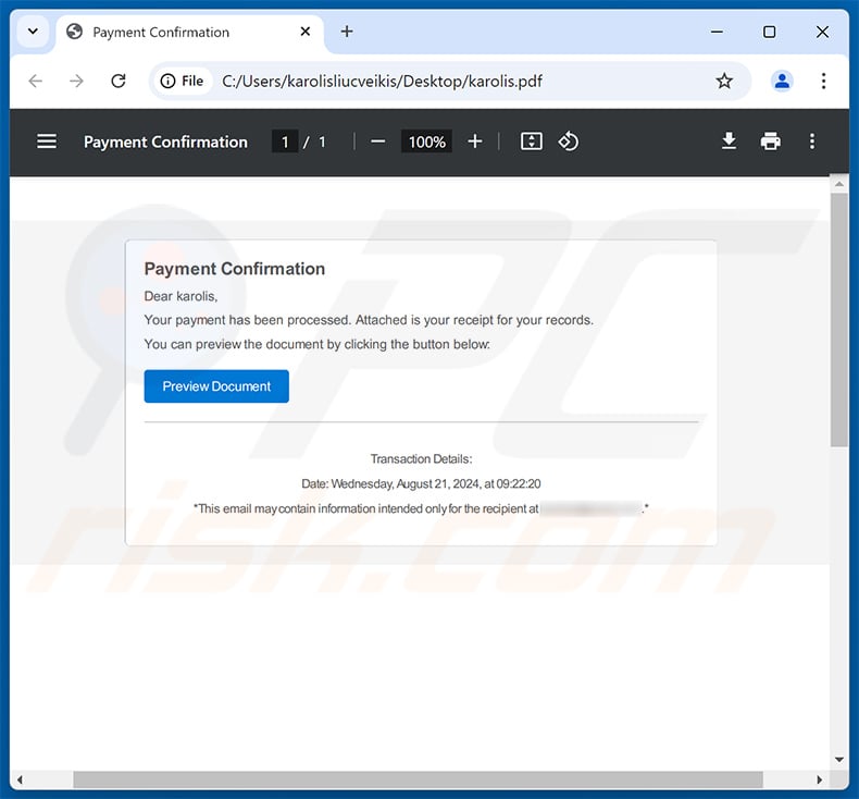 Deceptive PDF document distributed using Payment Confirmation scam email (2024-08-27)