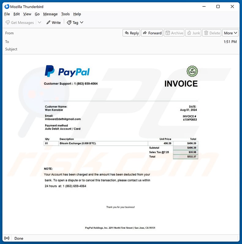 PayPal Crypto Purchase Invoice email scam (2024-08-02)