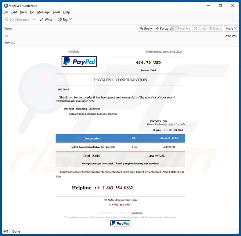 PayPal Order Confirmation email scam (2024-08-06)