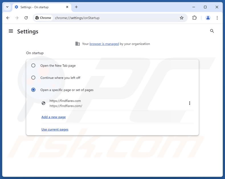 Removing findflarex.com from Google Chrome homepage