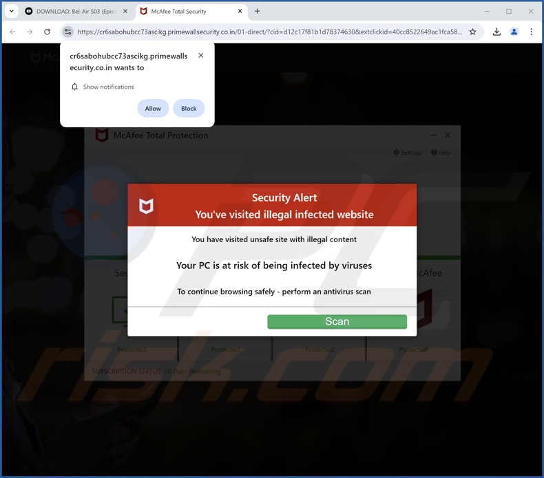 primewallsecurity.co[.]in pop-up redirects