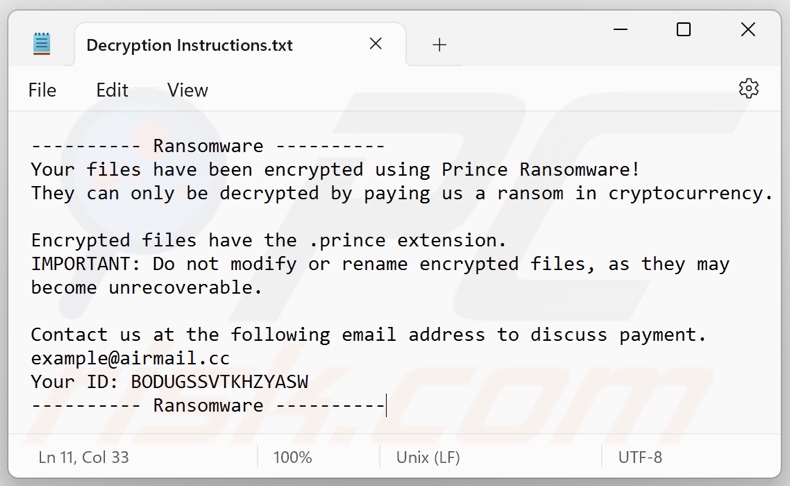 Prince ransomware ransom note (Decryption Instructions.txt)