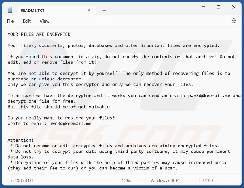 Pwn3d ransomware text file (README.txt)