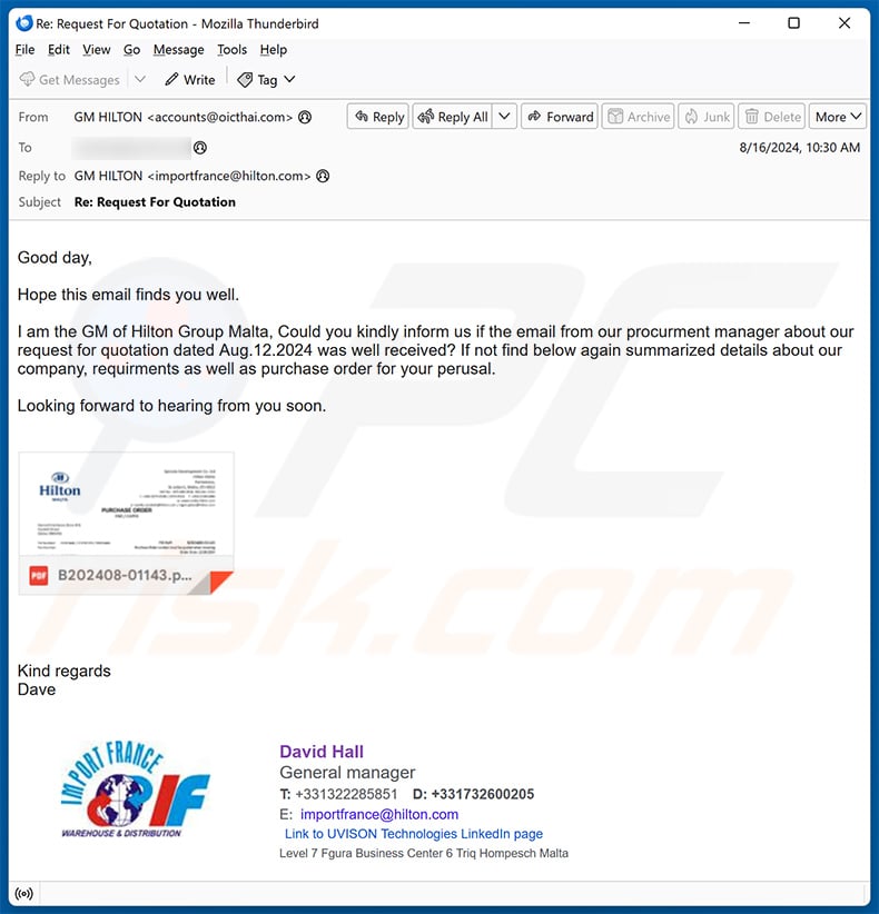 Quotation request-themed spam email promoting a phishing site (2024-08-20)