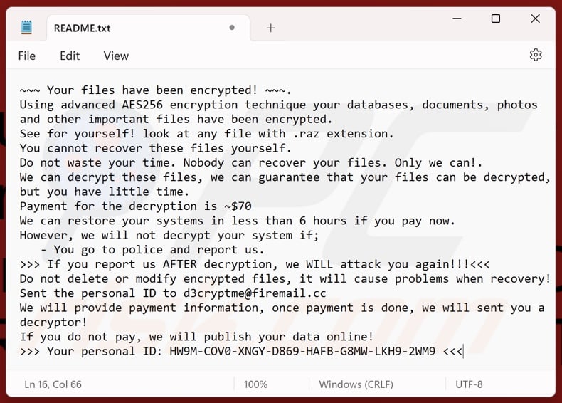 Razrusheniye ransomware ransom note (README.txt)