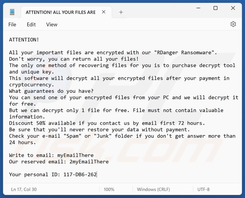 RDanger ransomware ransom note (ATTENTION! ALL YOUR FILES ARE ENCRYPTED!.TXT)