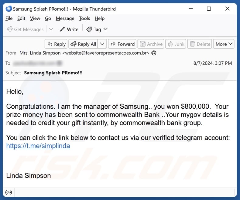 Samsung Prize Money email spam campaign