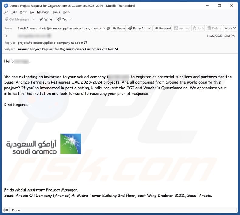 Saudi Aramco scam email variant 1