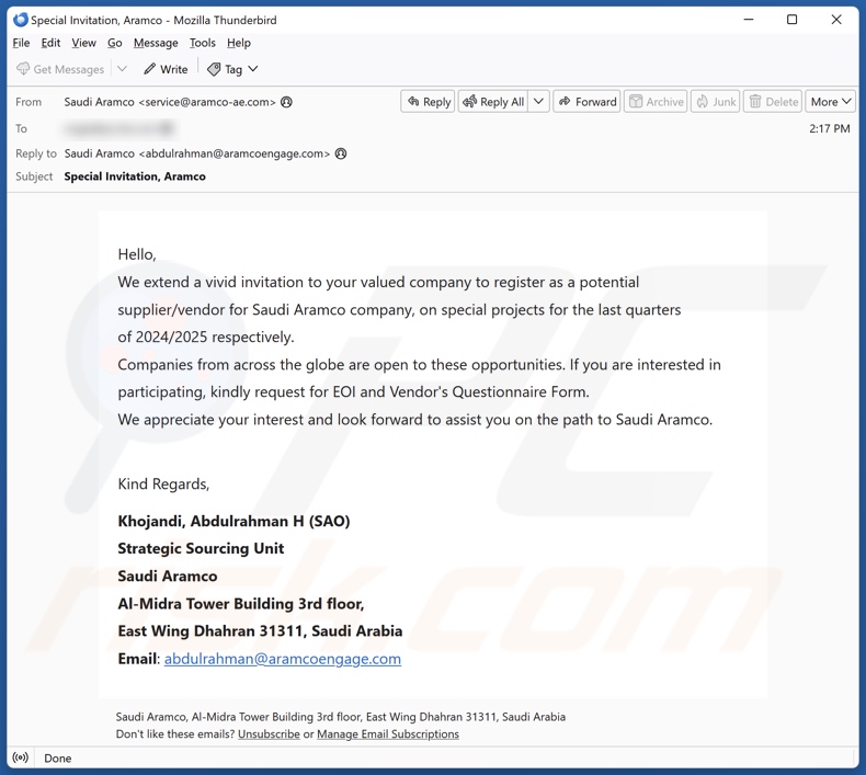 Saudi Aramco scam email version 2