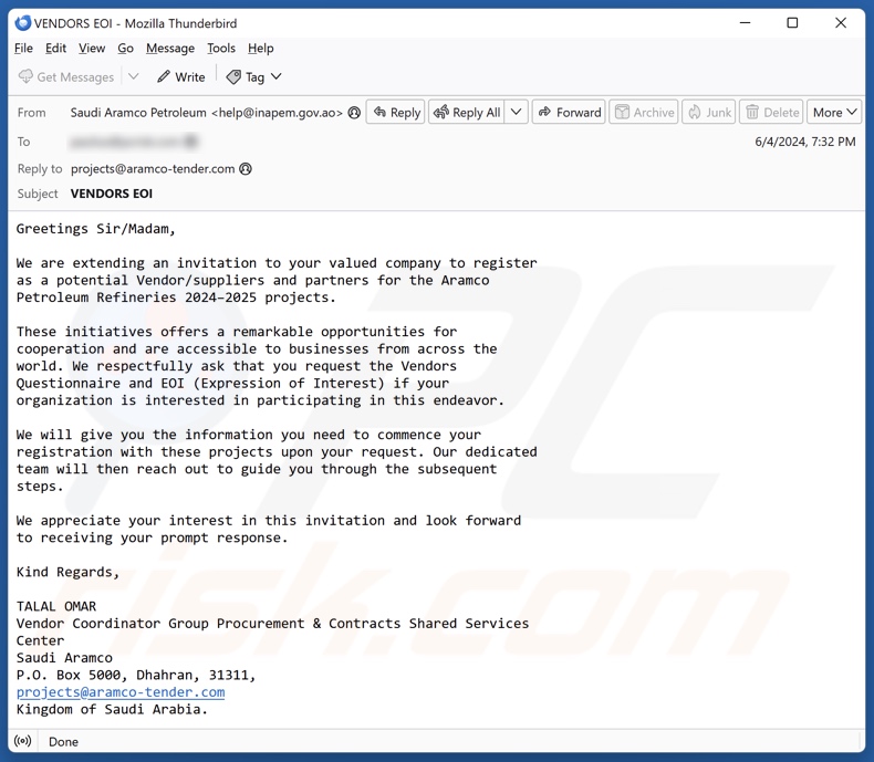 Saudi Aramco scam email version 3