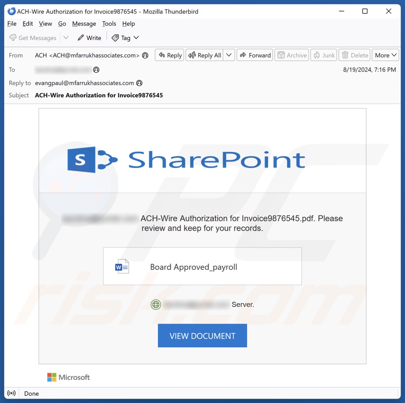 SharePoint - ACH-Wire Authorization email spam campaign