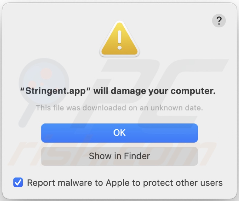 Pop-up displayed when Stringent.app adware is detected on the system