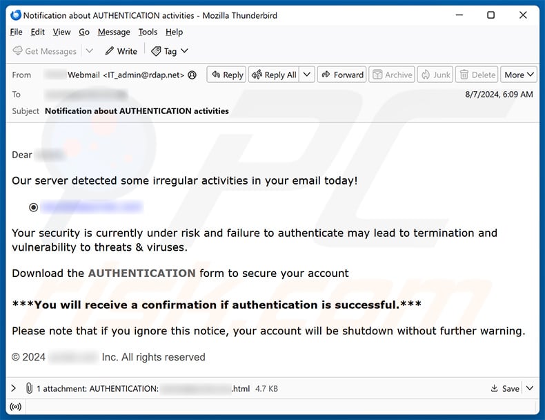 System Has Detected Irregular Activity email scam (2024-08-20)