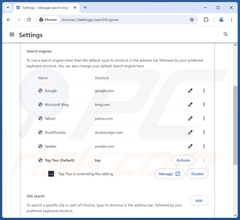 Removing toptosearch.com from Google Chrome default search engine