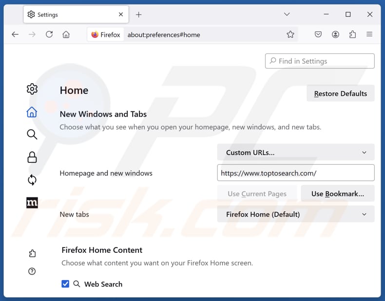 Removing toptosearch.com from Mozilla Firefox homepage
